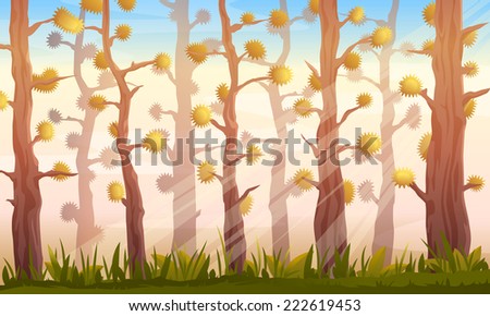 Cartoon forest game background landscape in autumn with fantastic trees, sunlight and green grass, eps10 make transparent and clipping mask