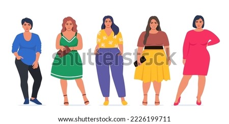 Body positive people. Plus size female characters, attractive curvy, overweight group. Oversize obesity, pretty large lady. women plus size in beautiful fashionable clothes. Vector illustrations