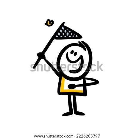 Little kid outdoor with butterfly net during summer holidays. Vector illustration of funny child having fun.