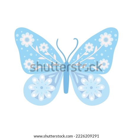 Blue butterfly clip art with floral decorations, isolated vector art