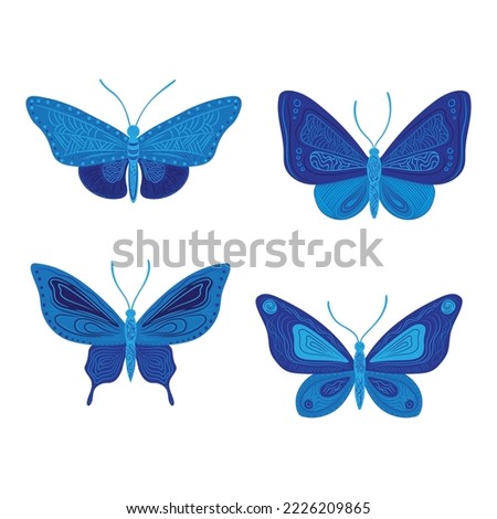 Blue vector butterfly clip art, decorated hand drawn butterflies