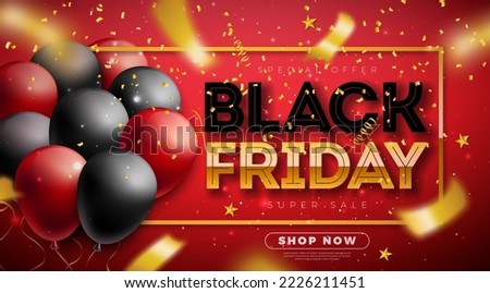 Black Friday Sale Illustration with Golden Lettering and Party Balloon on Red Background. Vector New Year and Christmas Design Template for Greeting Card, Flyer, Banner, Celebration Poster or Party