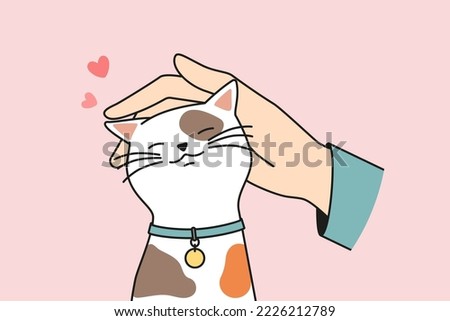 Person hand caress cute fluffy cat. Man or woman cuddle stroke happy kitten show love and care to domestic animal. Vector illustration.  Royalty-Free Stock Photo #2226212789