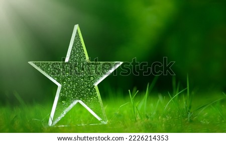 Transparent green star on a summer background with grass in dew drops. Green background with a five-pointed star made of plastic. Greeting background for the text.