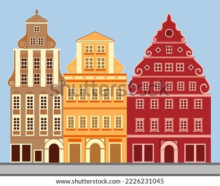 Beautiful vector of old small town retro victorian style building facades. European houses in a flat, cartoon style. Netherlands Amsterdam architecture.