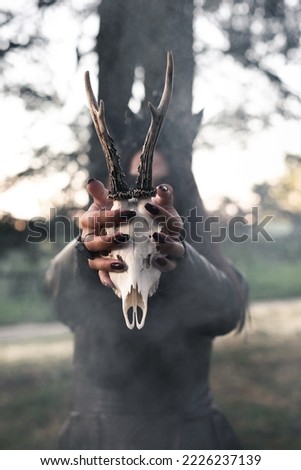 Close up animal skull concept photo. Esoteric ritual. Front view photography with witchy dressed woman on background. High quality picture for wallpaper, travel blog, magazine, article