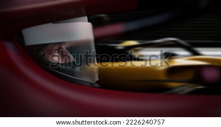 ECU Portrait of sports car driver in protective helmet racing on a speedway. Fast speed, motorsport Royalty-Free Stock Photo #2226240757
