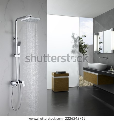 Luxury chromed shower in modern marble bathroom. Square shower head with a perfect water flowing to enjoy your relax moments Royalty-Free Stock Photo #2226242763