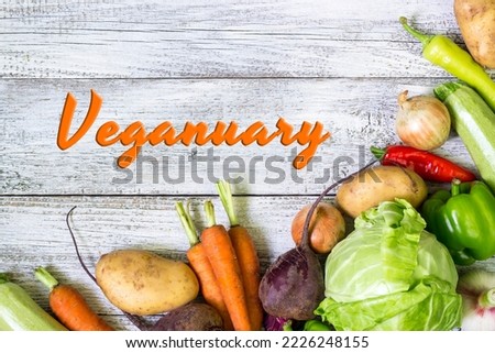 Flat lay with many different healthy raw vegetables. Vegetarian and vegan diet month in january called Veganuary. Vegetarian and vegan diet.