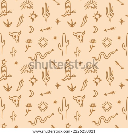 Boho seamless pattern with western desert cartoon ornamental wallpaper. Cowboy boot, bull animal skull, chili pepper, snakes, cacti, arrows, celestial and floral elements collection. Wild west Royalty-Free Stock Photo #2226250821