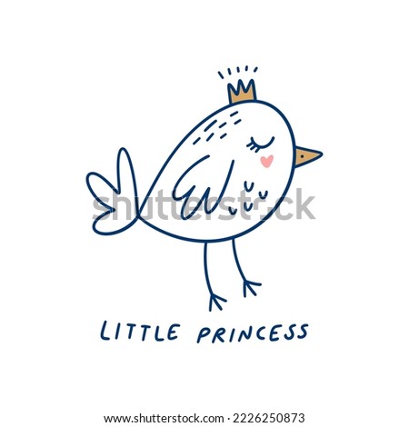 Scandinavian little princess bird wildlife folk animal vector design, cute baby shower girl artwork concept. Retro vintage clip art on white background.