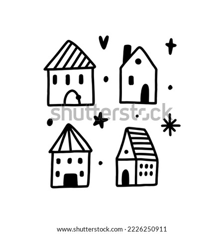 Cute little doodle cartoon houses set building flat vector clipart hand drawn illustration isolated on white background.