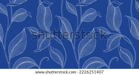 Luxury seamless pattern with striped leaves. Elegant floral background in minimalistic linear style. Trendy line art design element. Vector illustration. Royalty-Free Stock Photo #2226251407