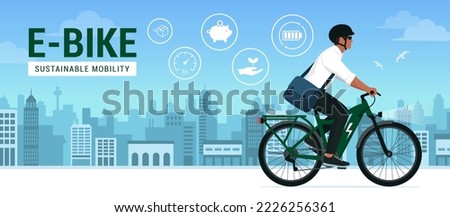 Man riding an eco-friendly electric bike in the city street, sustainable mobility concept