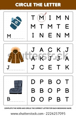 Education game for children circle the beginning letter from cute cartoon mitten jacket boot printable winter worksheet