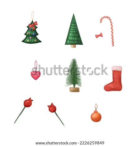 Set pack of christmas festive elements like heart, trees, candy, icons. Illustration for cute children New year design, card and patterns isolated on white background