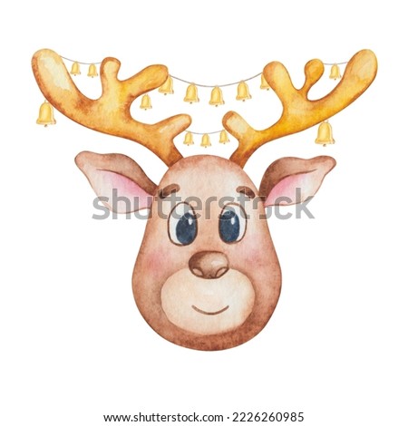 Watercolor illustration of hand painted brown male deer with golden yellow jingle bells on horns. Cartoon reindeer. Santa Claus animal. Isolated clip art for New Year prints, Christmas cards