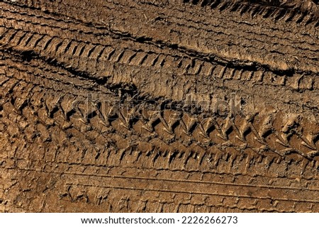 Tyre track on dirt sand or mud, Picture in retro or grunge tone. Car drive on sand. off road track. Track on grass field. Track in farm. Royalty-Free Stock Photo #2226266273