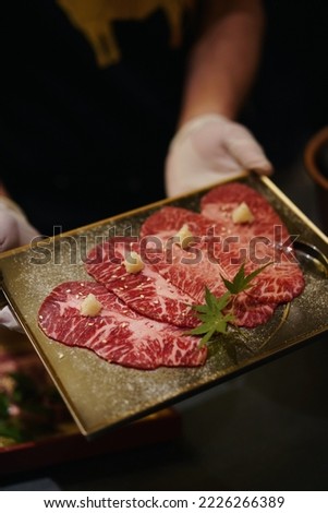 Japanese barbecue, Barbecue grill burning , Japanese buffet restaurant. snowflakes and beef,Kobe beef，wagyu beef.