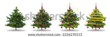 Banner of four Christmas trees with and without decoration on a white background. The concept of New Year holidays.