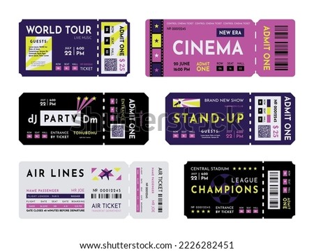 Concert or festival ticket. Event coupon template. Cinema or music party entry pass. Soccer entrance. Rock DJ show. Access label with barcode and separated line. Vector modern flyers set