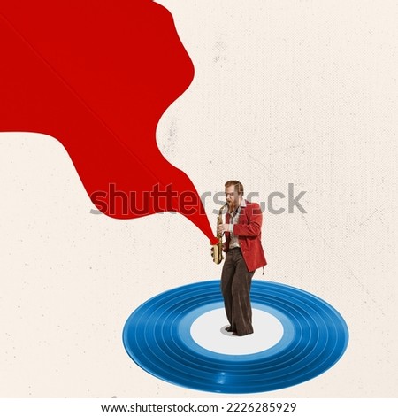 Jazz music. Retro man playing saxophone on red blue white background. Copy space for ad. Modern minimal design. Conceptual contemporary art collage. Retro styled, surrealism. Royalty-Free Stock Photo #2226285929