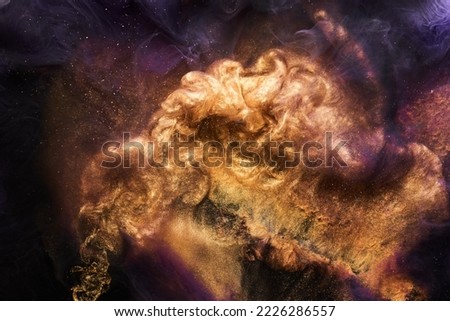 Multi colored sparkling abstract background, luxury dark gold smoke, acrylic paint underwater explosion, cosmic swirling ink Royalty-Free Stock Photo #2226286557
