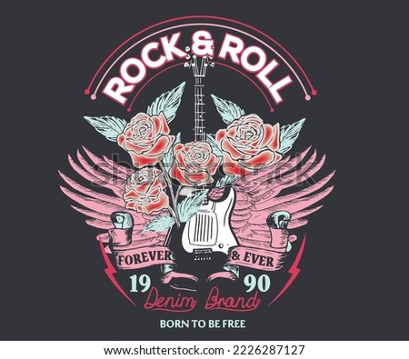 Rock and roll vector t-shirt design. Rose vintage music poster artwork. Guitar and eagle wing rock and roll vector print illustration.
