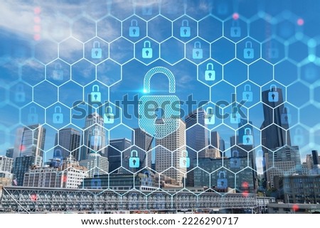Seattle skyline with waterfront view. Skyscrapers of financial downtown at day time, Washington, USA. The concept of cyber security to protect confidential information, padlock hologram