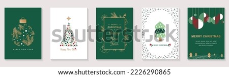 Merry Christmas and Happy New Year 2023 brochure covers set. Xmas minimal banner design with festive trees with toys, balls and other symbols. Vector illustration for flyer, poster or greeting card.