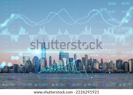 Skyline of New York City Financial Downtown Skyscrapers at sunset. Manhattan, NYC, USA. View from New Jersey. Forex candlestick graph hologram. The concept of internet trading, brokerage, analysis
