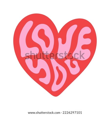Funky liquid abstract Love You lettering text in heart shape heart illustration isolated on white background. Cool groovy Valentines message colorful vector clipart. Groovy hippie sixties boho style