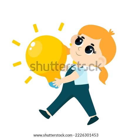 Kid Inventors Day. A cute red-haired girl with ponytails holds a large light bulb in her hands as a symbol of an idea. Cartoon illustration isolated on white background.