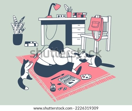 The girl draws in her room.  Vector illustration. All objects are made separately and grouped.