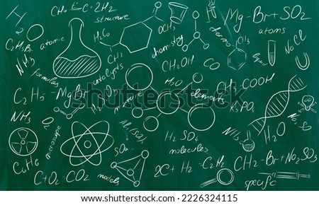 Beautiful chemistry seamless pattern with plots, formulas and laboratory equipment
