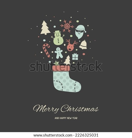 Christmas greeting card with a sock full of gifts. Xmas ornament. Vector