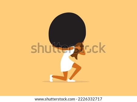 Woman holding huge stone on shoulders. Sad girl in dress carrying heavy rock. Unhappy tired female person lift boulder by hands. Feel of duty, debt, difficult, burden. Hard work vector illustration Royalty-Free Stock Photo #2226332717