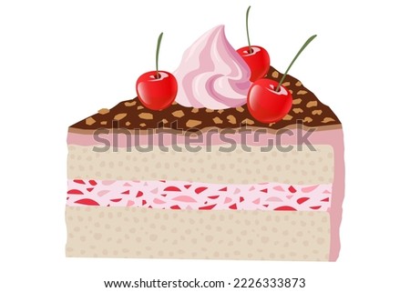 Chocolate cake with cream and berry. Piece of cake illustration.