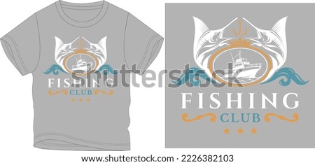 two fish with boat t shirt graphic design vector illustration \
