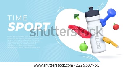 Banner template with Sports 3d elements, a bottle of water, a kettlebell, an elastic band for sports. Royalty-Free Stock Photo #2226387961