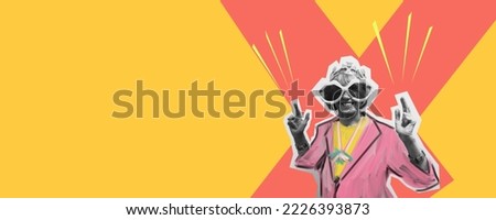 Funny cool old lady dressed in trendy clothes on a colorful studio background. Forever young grandmother. Collage in magazine style. Modern creative artwork, copyspace for ad. Crazy emotions.