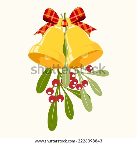 Clip art of Christmas bells with mistletoe branches, leaves and red berries. Holiday illustration on isolated background for Christmas decoration and celebration of winter, Christmas or New Year.