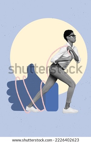 Creative photo 3d collage artwork of addicted personage pull big instagram facebook social media like isolated on painting background Royalty-Free Stock Photo #2226402623