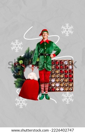 Vertical collage image of funky elf guy hold presents sack newyear decoration isolated on painted festive background