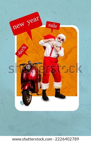 Abstract creative artwork template collage of funny coll santa claus carry bag sack sunglass social media post influencer moped sale -60