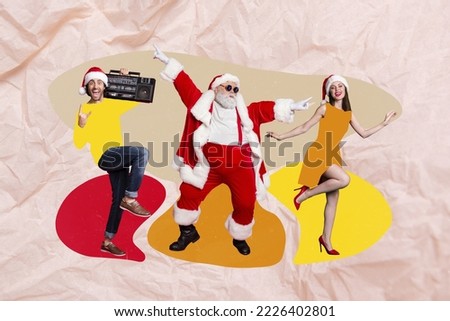 Creative drawing collage picture of energetic santa claus woman man holiday clothes celebrate dancing new year party have fun boombox