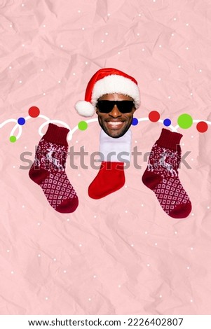 Vertical creative collage photo illustration of funny good mood bodyless guy dressed santa hat glasses isolated on pink color background