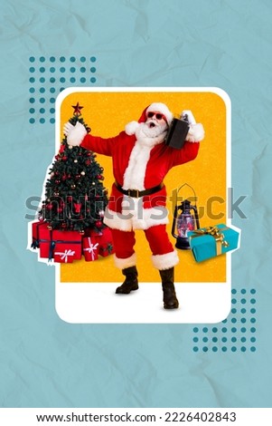 Composite collage image of funny funky santa claus sunglass boombox dj new year christmas tree presents gifts music party disco billboard
