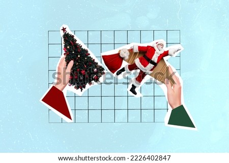 Creative abstract template collage of hands holding new year christmas tree decoration santa claus flying superman bag stack delivery
