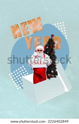 Vertical creative collage image of funny santa claus hold sale plate new year christmas tree box presents gifts shopping sales discount